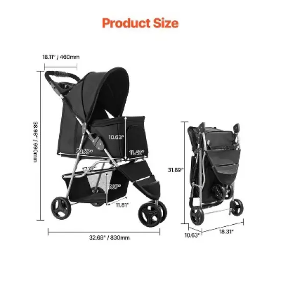 VEVOR Pet Stroller, 35 lbs Weight Capacity, Foldable Dog Stroller Cart, 3 Wheels Cats Stroller with Mesh Windows and Cup Holders, Black image {2}