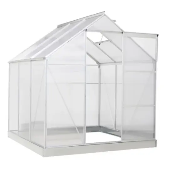 Outsunny Polycarbonate Greenhouse with Aluminum Frame, Walk-in Garden Greenhouse Kit with Adjustable Roof Vent, Rain Gutter and Sliding Door for Winter, Silver image {6}
