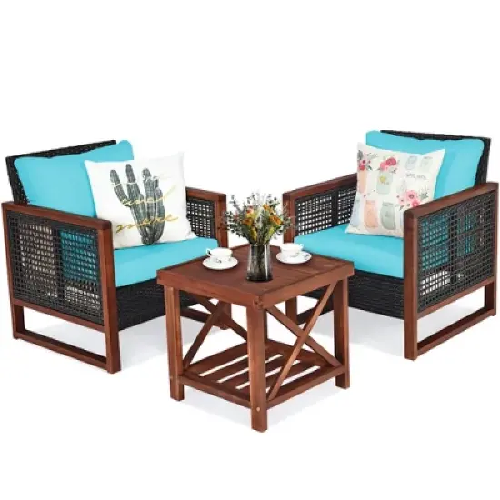 Costway 3PCS Patio Wicker Furniture Set Solid Wood Frame Cushion Sofa w/ Square Table Shelf image {9}