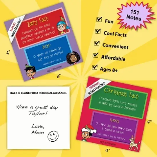 MyWish4U Back to School 2pk Kids' Lunch Box Notes, Zany Facts and Zingers with Christmas Facts and Funnies - 151 notes image {1}