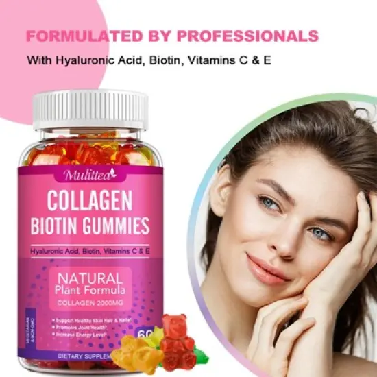 Mulittea Collagen Gummies with Vitamin C, E, Biotin &ndash; Hair, Skin & Nail Health &ndash; Anti-Aging Support, 60 Gummies image {6}