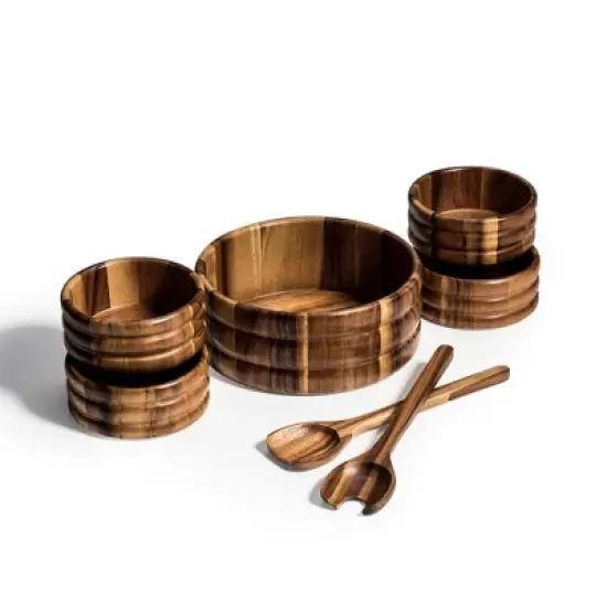 Kalmar Home Solid Acacia Wood 7 Piece - Large Salad Bowl with Servers and 4 Individuals image {3}
