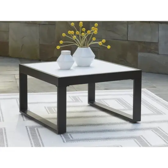 Signature Design by Ashley Beachloft Modern Outdoor Coffee Table - Weather-Resistant Aluminum with Stone-Look Glass Top, 30" Square, Black/Gray image {1}
