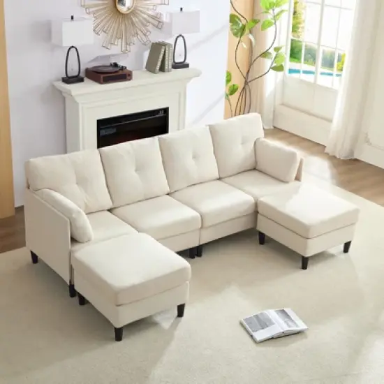 Mjkone Modular Convertible Sectional Sofa Couch, Upholstered Comfy Fabric 4-Seater Sofa with Movable Ottomans image {10}