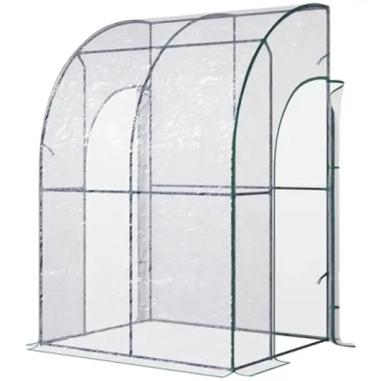 Outsunny 5' x 4' x 7' Lean-to Greenhouse, Walk-in Wall Mounted Hot House & Plant Nursery with 2 Zippered Roll Up Doors, Sloping PVC Cover, Green image {3}