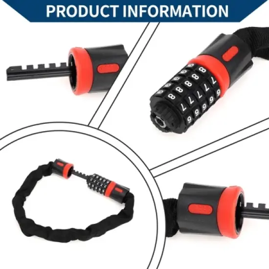 Unique Bargains Security Chain Combination Padlock Resettable 5 Digit Bike Lock Black Red 23.62" image {1}