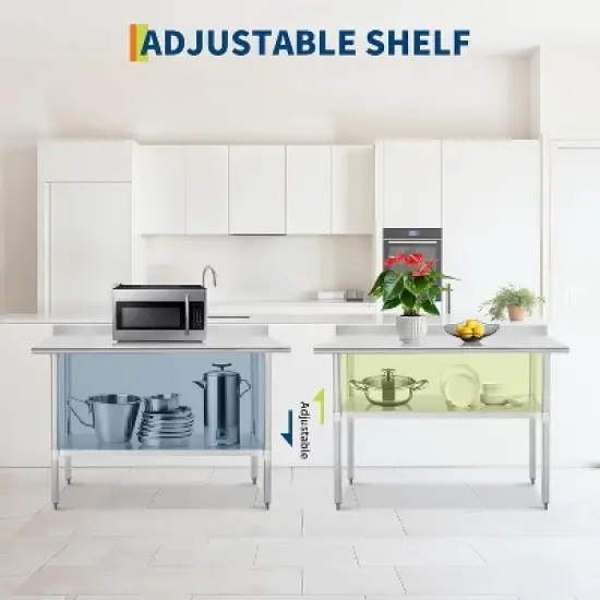 Acekool 24x48 Inch Stainless Steel Prep Table with Backsplash, Adjustable Open Shelf, Easy Clean Surface, Heavy Duty Kitchen Workstation image {2}