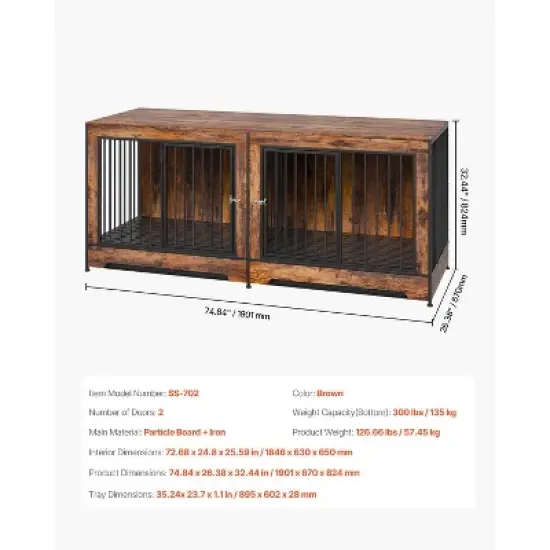 VEVOR 75" Dog Crate Furniture for 2 Dogs, Extra Large Double Dog Crate Furniture, Large Wooden Dog Crate Furniture TV Stand,  Brown image {7}