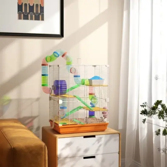 Gulches 18" 5 - Tier Hamster Cage with Tubes, Tunnels, Water Bottle, Food Dish, Exercise Wheel - Orange, Ideal for Gerbils Too image {1}