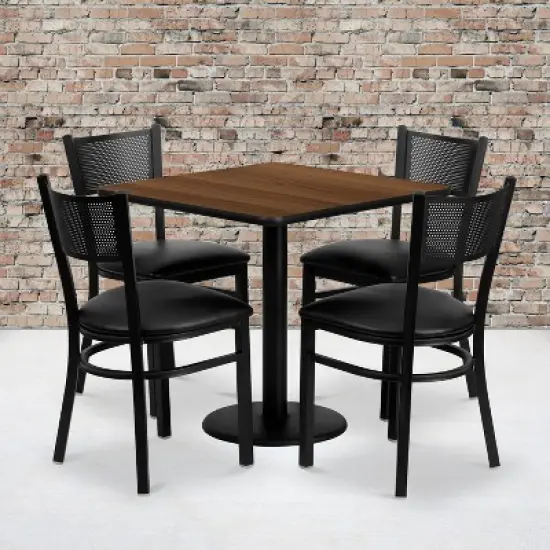 Emma and Oliver 30" Square Walnut Laminate Table Set, 4 Grid Back Metal Chairs image {1}