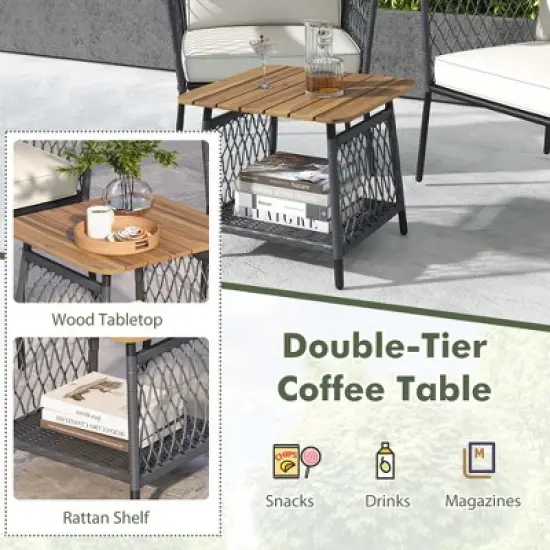 Costway 3 PCS Patio Furniture Set with 2-Tier Coffee Table Acacia Wood Armrests Tabletop image {7}
