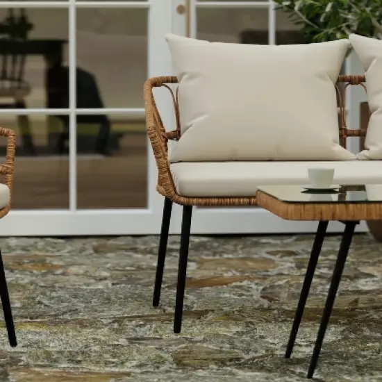 Merrick Lane Four Piece Indoor/Outdoor Boho Open Weave Natural Rattan Rope Patio Set with Two Chairs, Loveseat and Table with Cushions image {5}