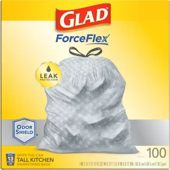 Glad ForceFlexPlus Tall Kitchen Drawstring Trash Bags - 13 Gallon White Trash Bag - OdorShield - 100ct image {5}