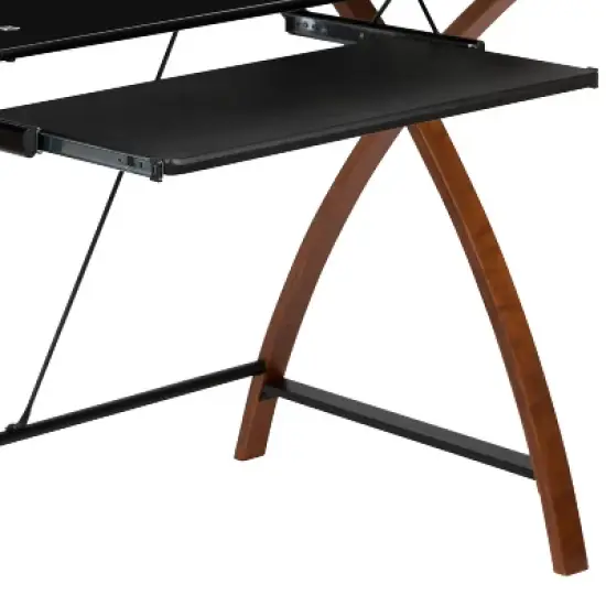 BlackArc L-Shaped Gaming Desk with Black Tempered Glass Surface and Crisscross Cherry Finished Legs - Sliding Keyboard Tray image {6}