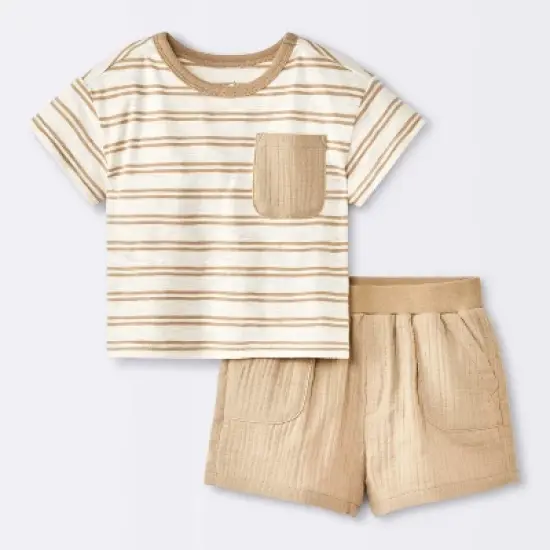 Baby Boys' 2pc Striped Pocket T-Shirt and Shorts Set - Cloud Island&trade; Tan image {4}