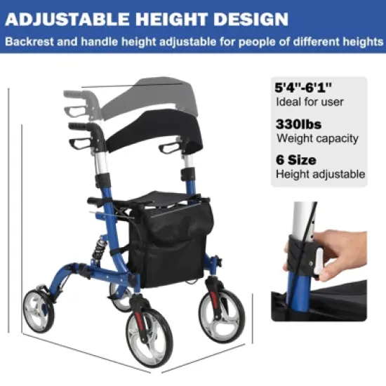 GustoWave Walker for Seniors,Folding Walker and Transport Wheelchair Combo for Seniors,Rollator with Seat, Backrest, Hand Brakes & Footrests image {3}