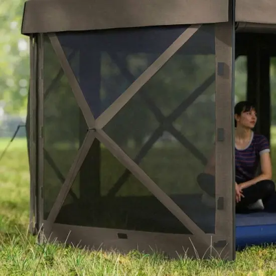 Resenkos Patio Garden Pergola, Pergola Canopy,12' x 12' Hexagonal Pop Up Gazebo Canopy Tent with 5 Sidewalls and Carry Bag, Brown image {2}