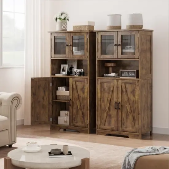 54in Tall Farmhouse Freestanding Kitchen Pantry Cabinet with Glass Doors and Adjustable Shelves Cupboard image {1}