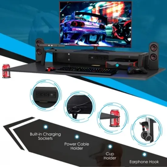 Costway Gaming Desk&Massage Gaming Chair Set w/ Footrest Monitor Shelf Power Strip Pink image {9}