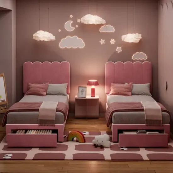 2 Sets Twin Bed Frame with Under-Bed Drawer, Velvet Upholstered Platform Bed with Wave Headboard,No Box Spring Needed image {6}