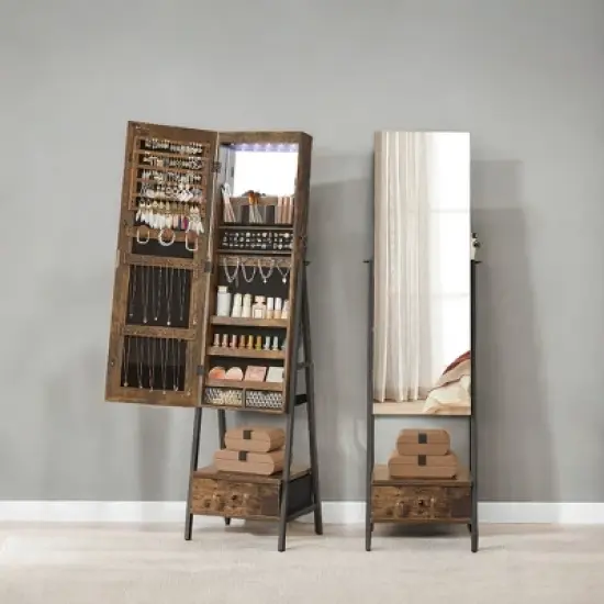 Standing LED Jewelry Cabinet, Lockable Armoire with Full-Length Mirror, Space-Saving Organizer, Bottom Drawer, Shelf - Gift Idea image {2}