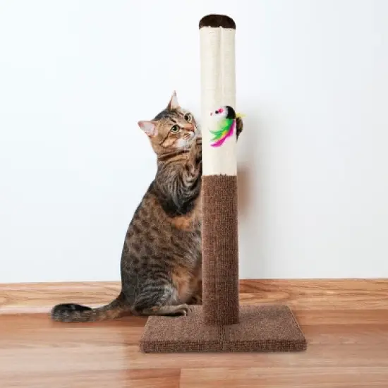 Cat Scratching Post with Carpeted Base &ndash; 24.5-Inch Sisal Fabric Scratcher with Hanging Mouse Toy for Adult Cats and Kittens by PETMAKER (Brown) image {4}