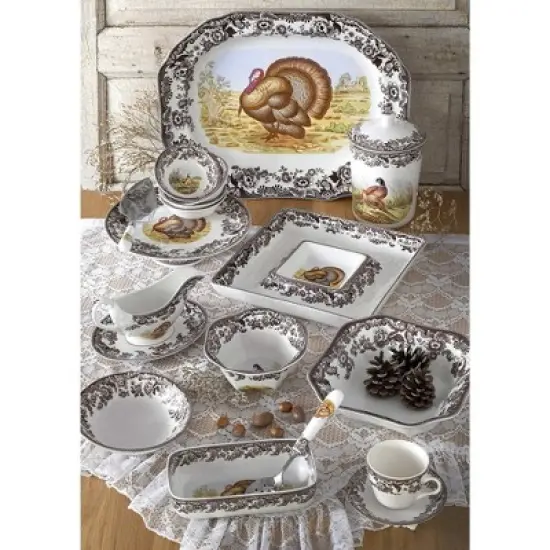 Spode Woodland Turkey Round Platter - 12" Fine Porcelain Serving Tray with British Flowers Border, Rustic Thanksgiving Design - Made in England image {3}
