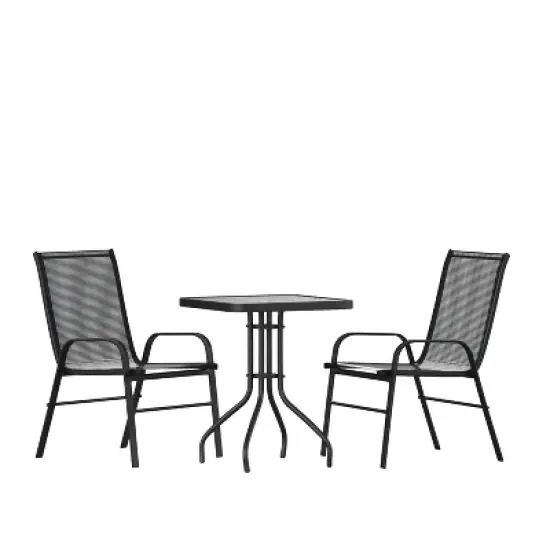 Emma and Oliver Three Piece Patio Table Set with Square Metal Frame Table with Tempered Glass Top and Two Flex Comfort Stacking Chairs image {10}