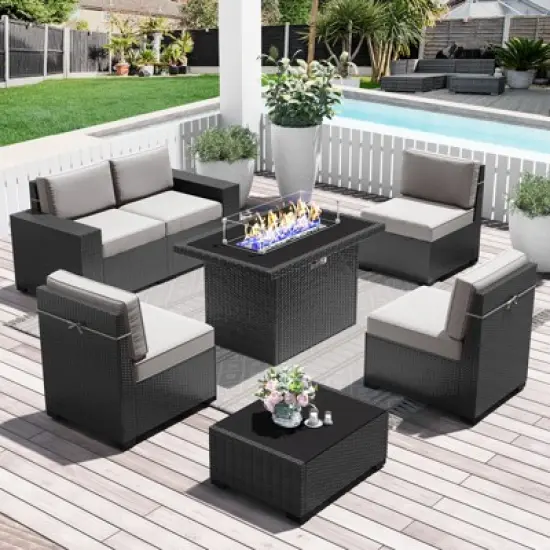 LayinSun 7 Pieces Outdoor Patio Furniture Set with 44" Fire Pit Table Rattan Sectional Sofa Conversation Sets image {11}