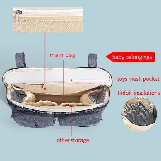 Racxily Universal Stroller Organizer Super Large Capacity, 2-in-1 Baby Stroller Organizer Insulated Cup Holder Inside, 10 Pocket, Gray image {1}