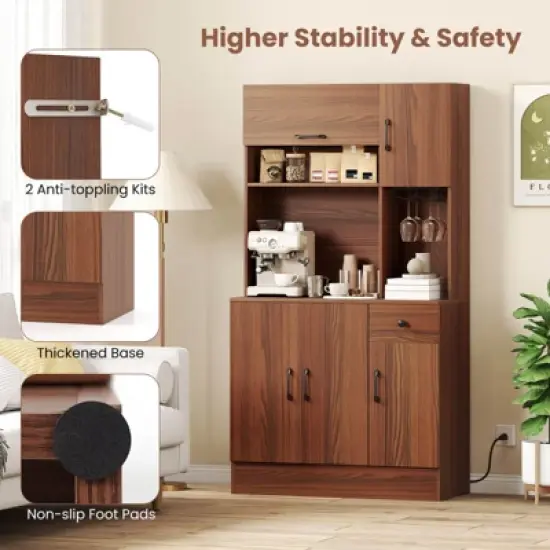 Costway 66" Pantry Cabinet Tall Kitchen Storage Cabinet with Charging Station Brown image {9}