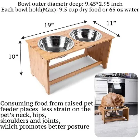 Zone Tech Elevated Pet Bowls Feeder for Dog and Cat &ndash; Raised Bamboo Stand with Two Stainless Steel Bowls Anti Slip, Perfect for Dogs and Cats image {1}