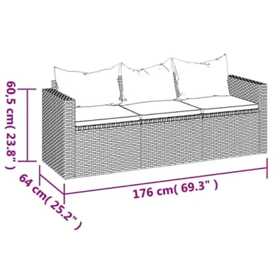 vidaXL 3-Seater Patio Sofa with Cushions Black Poly Rattan image {7}
