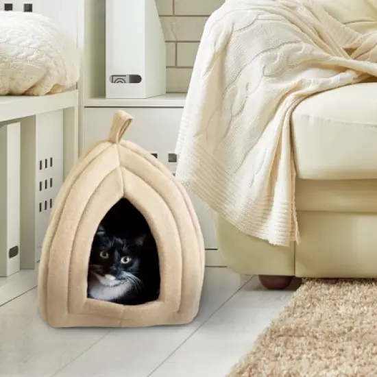 Pet Adobe Enclosed Igloo Cat Bed - Pet Tent With Removable Cushion Pad - Tan image {2}