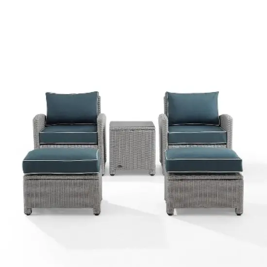 Bradenton 5pc Outdoor Wicker Seating Set with Side Table, 2 Arm Chairs and 2 Ottomans - Navy/Gray - Crosley image {6}