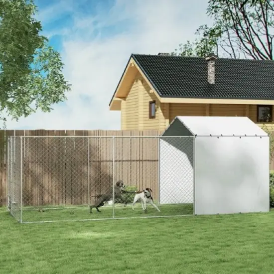 Resenkos Dog House, Pet House,Dog Cave,Galvanized Chain Link Large Outdoor Dog Kennel with Waterproof & UV-Resistant Cover Silver image {4}