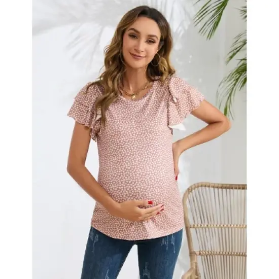 Coolmee Women's Maternity Shirts Nursing Tops Flying Short Sleeve Breastfeeding Tees Lightweight Side Ruched Pregnancy Clothes M Pink Printing image {1}