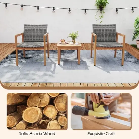 Tangkula 3 Pieces Patio Furniture Set PE Rattan Patio Bistro Set with Chairs & Coffee Table Outdoor Acacia Wood Conversation Set for Garden image {3}