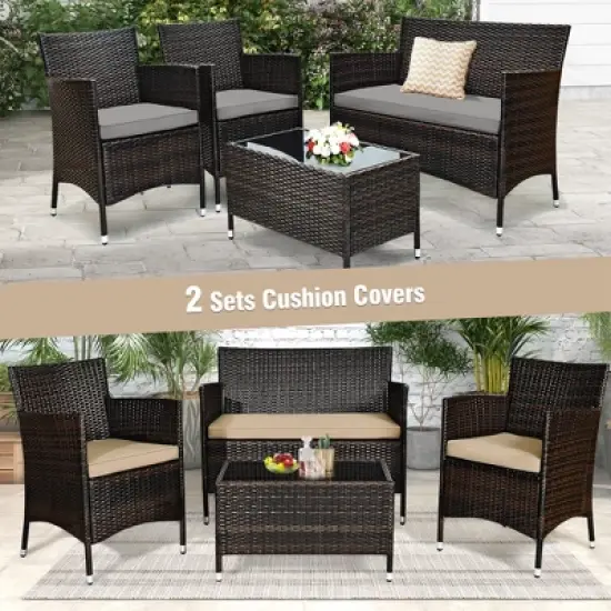 Costway 4PCS Patio Wicker Furniture Set Sofa Chair with Brown & Grey Cushion Covers Garden image {3}