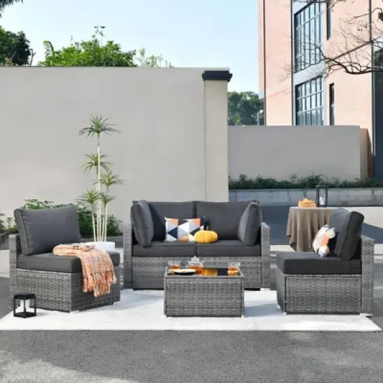 Venice 5pc Wicker Outdoor Patio Furniture Set Conversation Sofa with a Table and Cushions image {12}