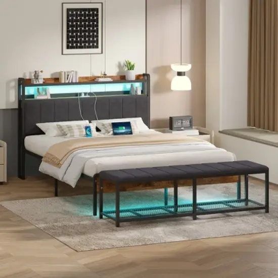 VECELO Full/Queen Upholstered Bed Frame with Storage End of Bed Bench, Platform Bed with Headboard & Charging Station, LED Lights, Gray image {12}