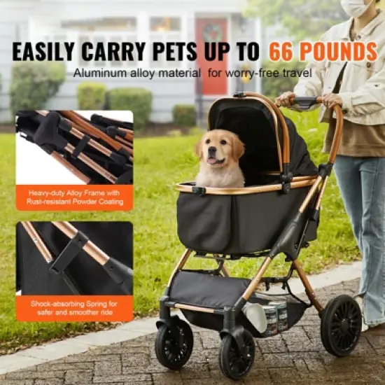 VEVOR Pet Stroller, 4 Wheels Dog Stroller Rotate with Brakes, 66 lbs Weight Capacity,with Detachable Carrier, Storage Basket and Pet Pad image {2}