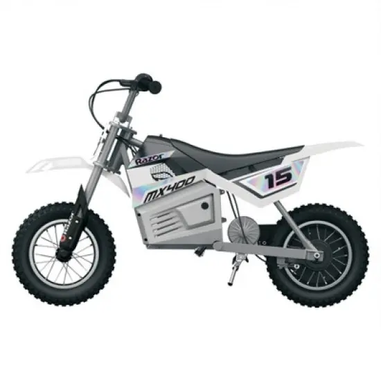 Razor MX400 Dirt Rocket 24V Electric Toy Motocross Motorcycle Dirt Bike with Hand-Operated Brakes and Retractable Kickstand, White image {3}