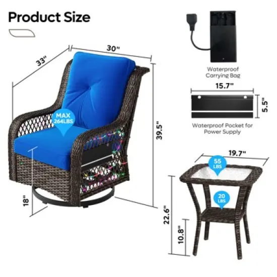 Bestier Wicker Patio Furniture Chair,Swivel Gliding Chair with LED Strip,Outdoor Swivel Rocking Chairs with 4"Anti-Slip Cushions for Deck,Porch&Garden image {4}