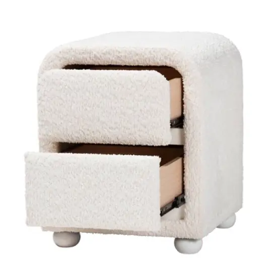 Baxton Studio Bonilla Teddy Bear Fabric and Rubberwood 2 Drawer Nightstand White: Polyester, MDF, Modern Design image {2}