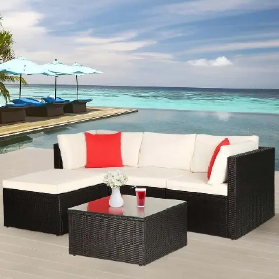 BestMassage 5 Pieces Rattan Patio Furniture Sets Patio Sectional Sofa Set Outdoor Conversation Sofa Set, Khaki image {1}