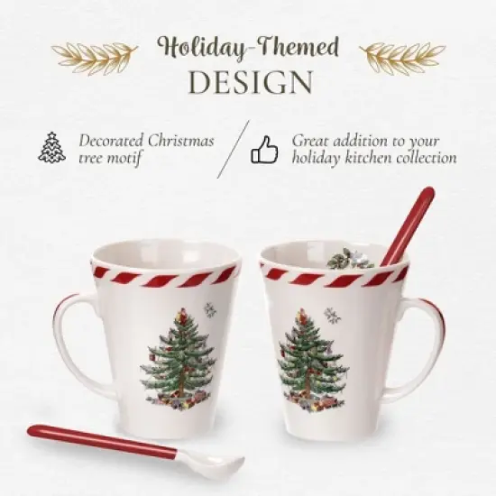 Spode Christmas Tree Peppermint 14oz Mug & Spoon Set (4-Piece) - Festive Earthenware with Candy Cane Motif, Ceramic Mug - Christmas Drinkware image {2}