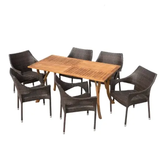 Nora 7pc Acacia & Wicker Dining Set - Teak/Brown - Christopher Knight Home image {1}