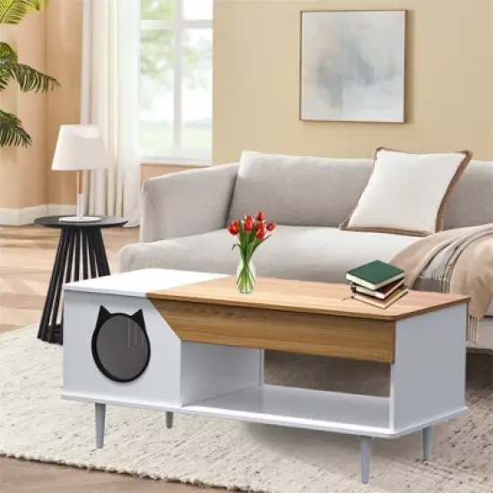 45'' Coffee Table Hidden Cat Litter Box Enclosure Kitty Litter Box Furniture with Storage Drawer and Metal Legs, Cat House for Living Room image {8}