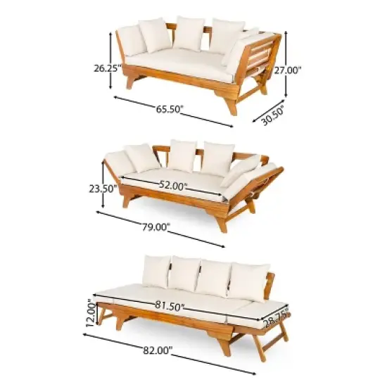 Outdoor 3-Seat Patio Daybed Sofa with Foldable Arms, Acacia Wood Frame and Removable Beige Cushions, Modern Lounge for Garden-Maison Boucle image {3}